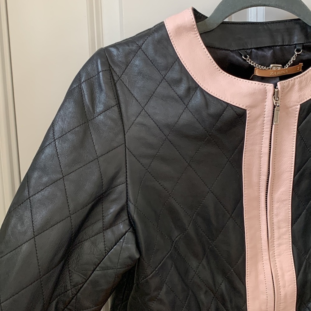 Zarina | Black Pink Faux Leather Quilted Lined Moto Zipper Jacket Blazer EU 44 - Picture 5 of 17